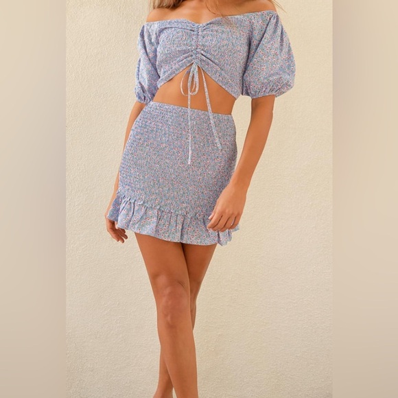 Lulus Sweetie Blue Floral Print Smocked Ruffled Bodycon Mini Skirt - Picture 3 of 6